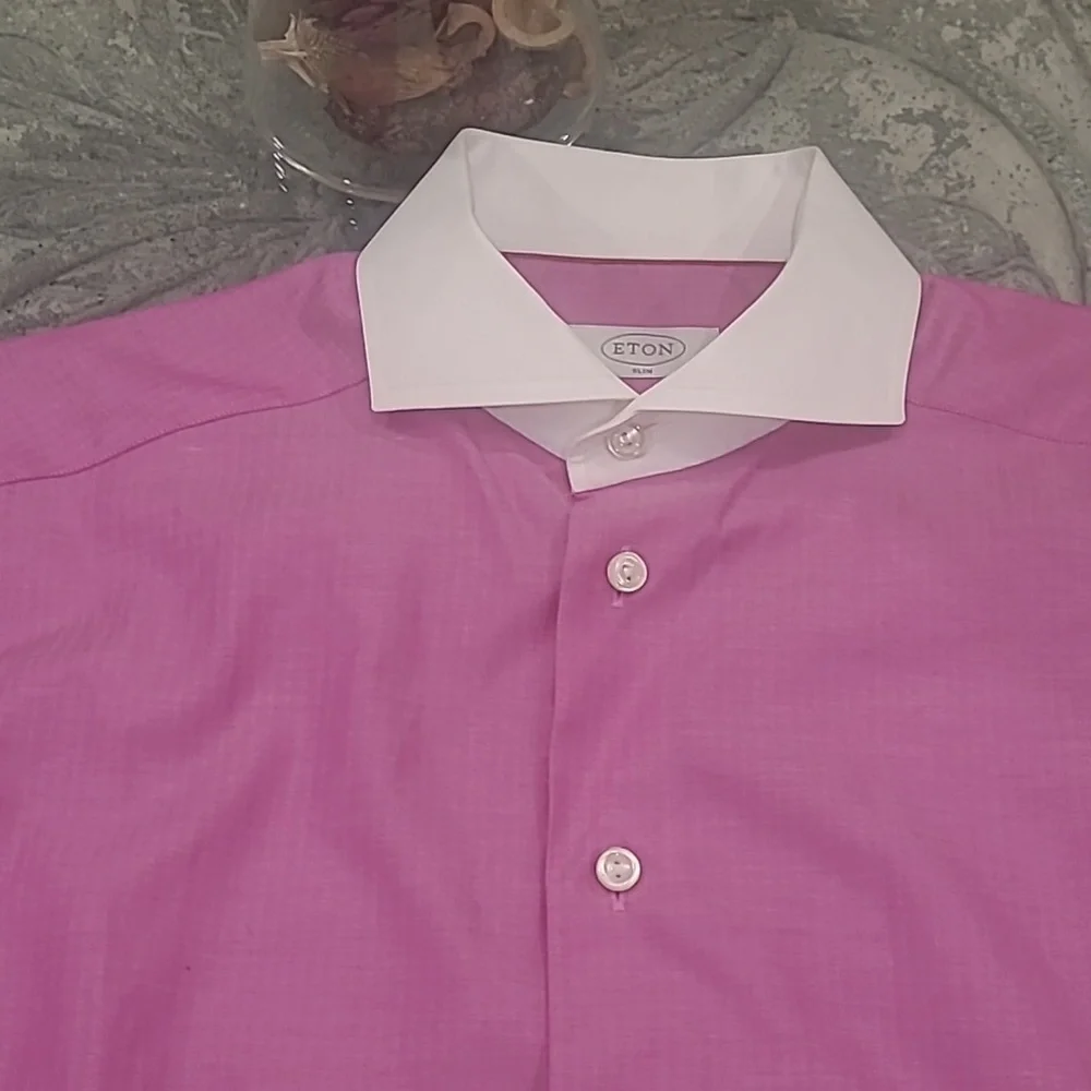 Eton Mens Slim Semi-Twill Contrast Collar Pink Dress Shirt Like New 15 3/4 - Picture 9 of 12